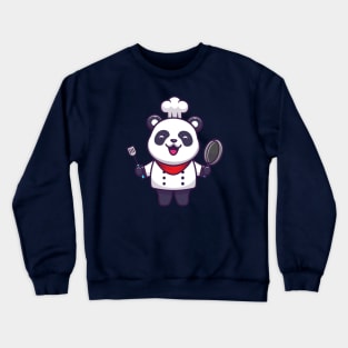 Cute Panda Chef Holding Pan And Spatula Cartoon Crewneck Sweatshirt